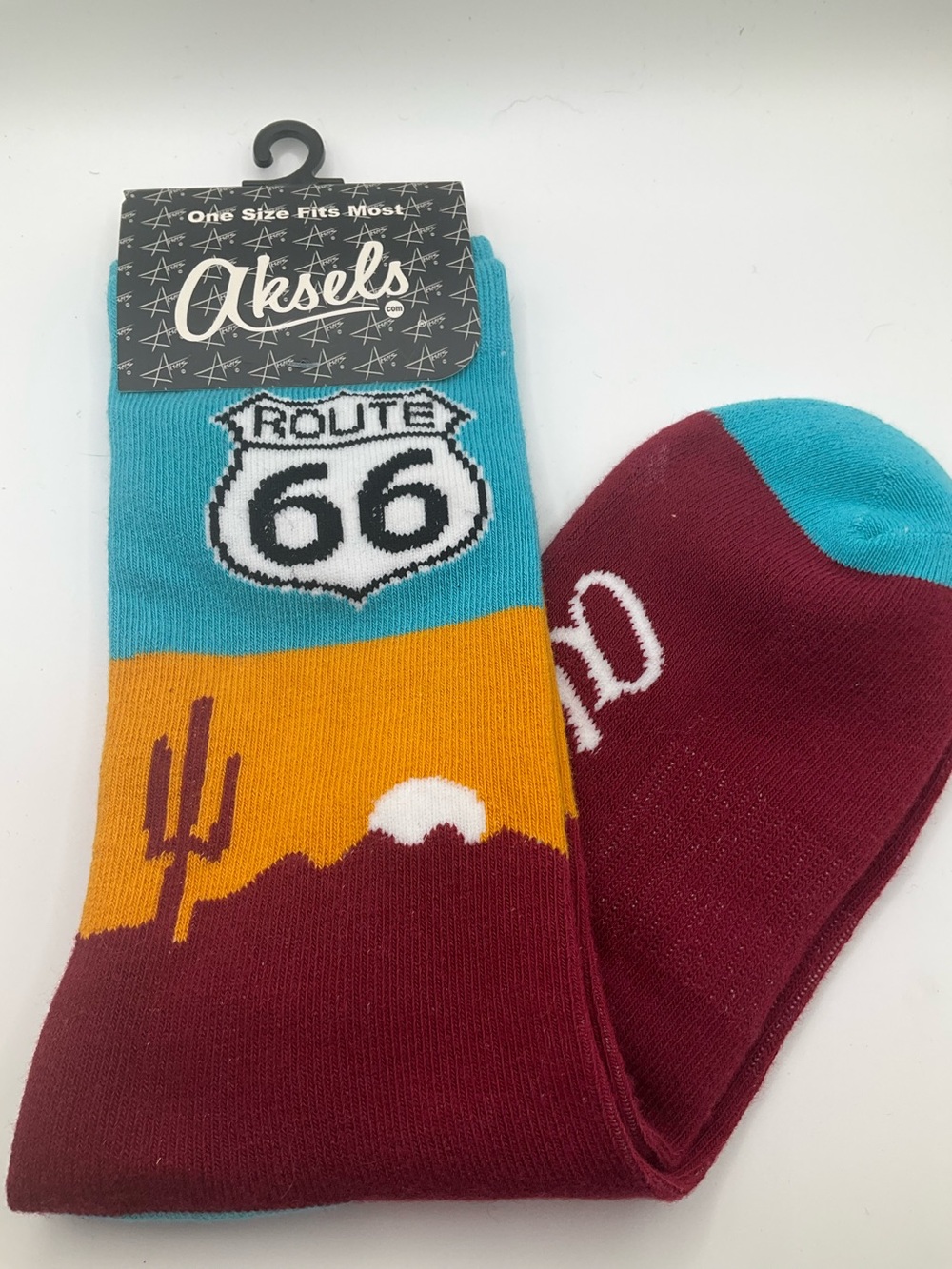 NWT AKSELS Route 66 Novelty Crew Socks - Teal, Mustard & Burgundy Classic USA